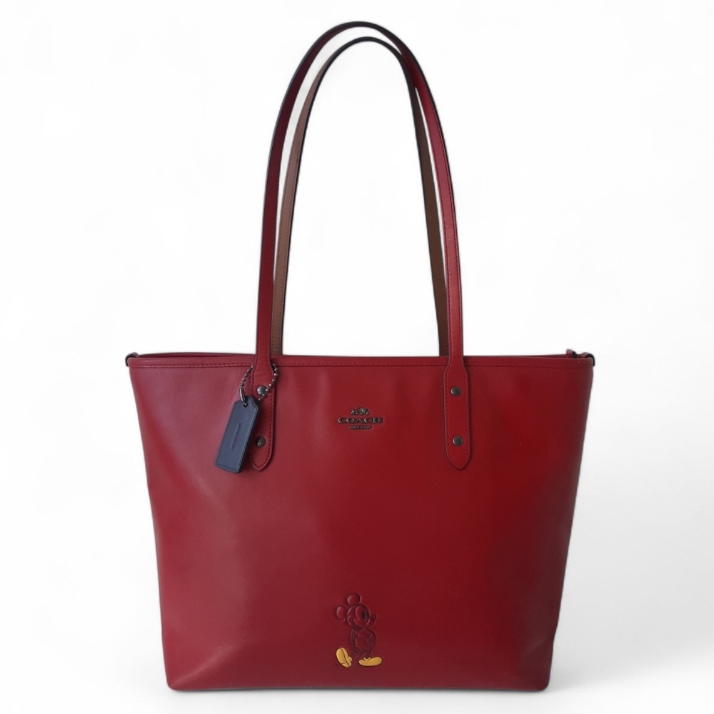 Ltd Ed DISNEY X COACH Mickey Mouse Dark Red Leather Tote Tag Shoulder Bag